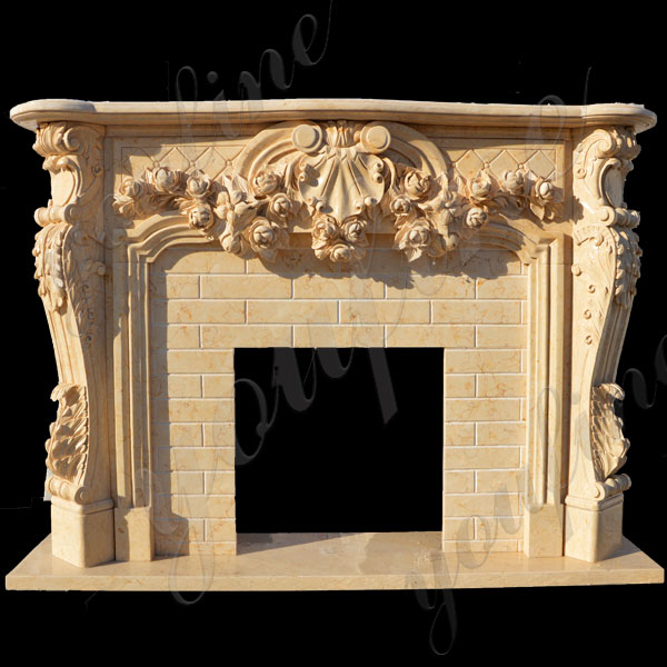 Hand Craft Yellow Marble Leaf And Scroll Marble Fireplace Design Cast Marble Fireplace for Sale–MOKK-139