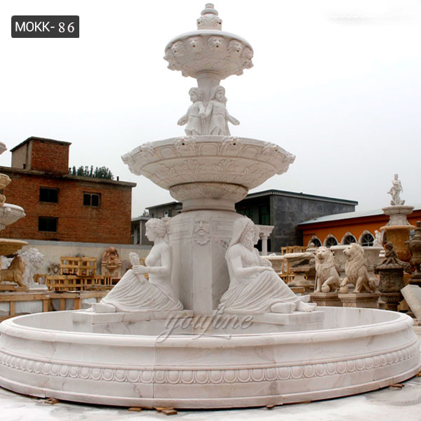 Hand Carved 2 Tiered White Marble Fountain with Figure Statues Design for Sale for Front Yard Decor–MOKK-86