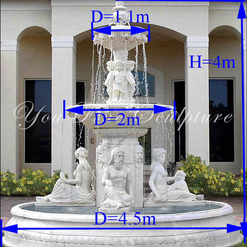Hand carved 3 tire pure white marble fountain with figures statues design for sale for front yard decor--MOKK-86