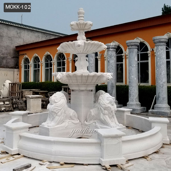 High Quality Large Three Tiered Patio Outdoor White Marble Fountain Lion Statue Design for Sale-MOKK-102