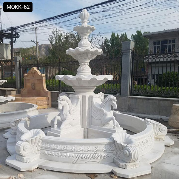 Two White Tiered Marble Garden Fountain with Horse Design for Front Yard Decor for Sale MOKK-62