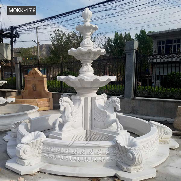 Garden Decorative Natural White Marble Horse Water Fountain Hand Carved  3 Tier Fountain For Sale MOKK-176