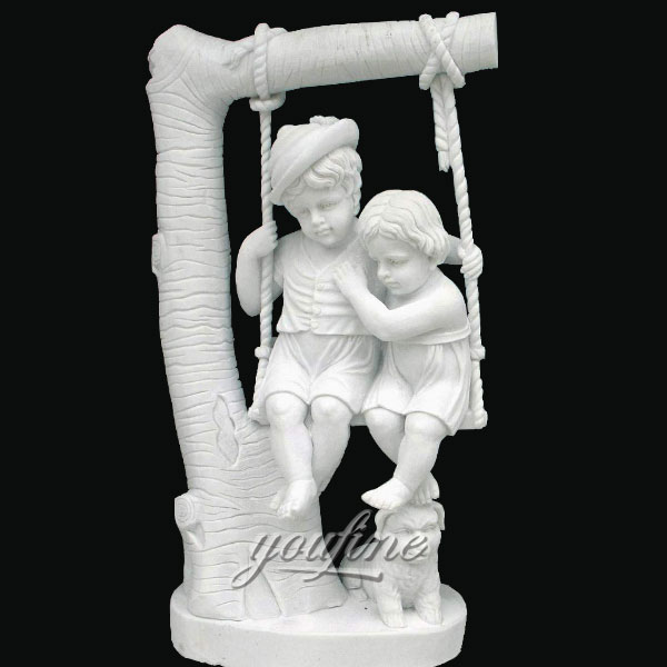 Marble Boy and Girl Swinging Park Sculpture Modern Natural Marble Famous Outdoor Marble Hot Sculpture-MOKK-258