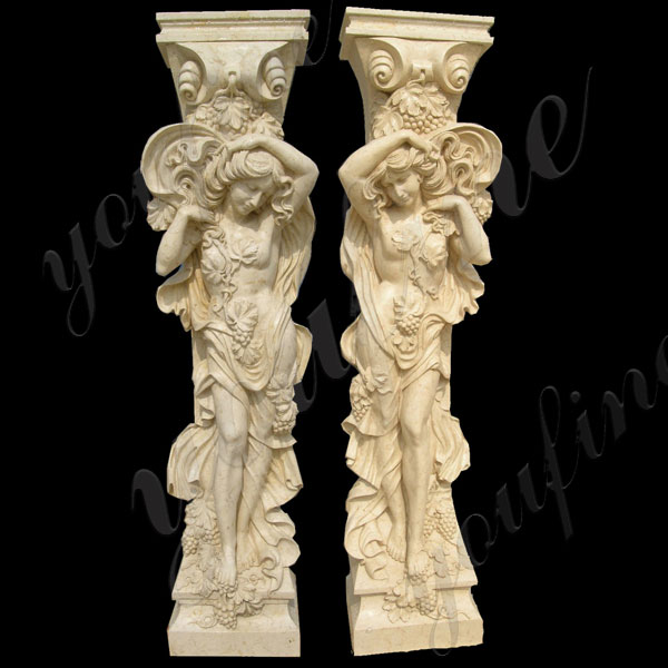 Vintaged Female Caryatid Carving Pillar Large Yellow Greek Marble Design for Sale MOKK-157