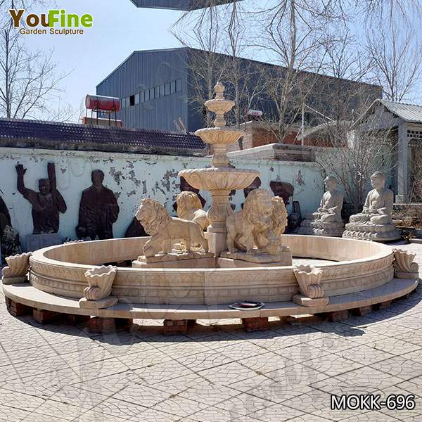 High Quality Tiered Beige Marble Water Lion Fountain Factory MOKK-696