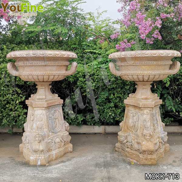 Antique Beige Marble Flower Pots with triangle Base Garden Decor MOKK-713