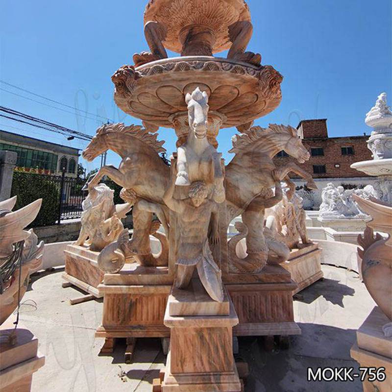 Beige Tiered Marble Water Lion Fountain Poseidon Statue for Sale