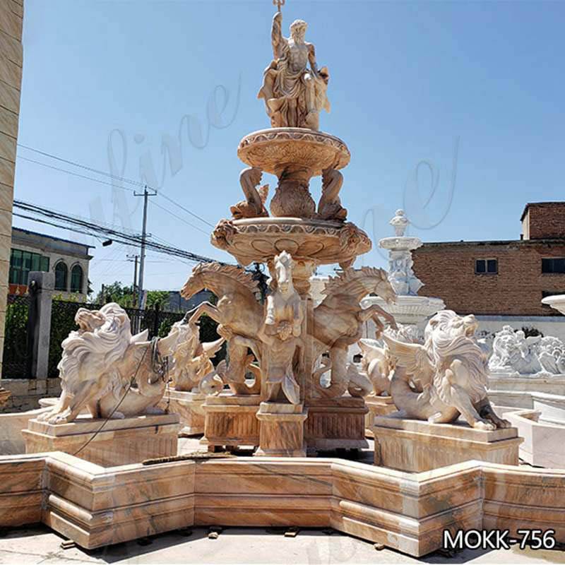 Beige Tiered Marble Water Lion Fountain Poseidon Statue